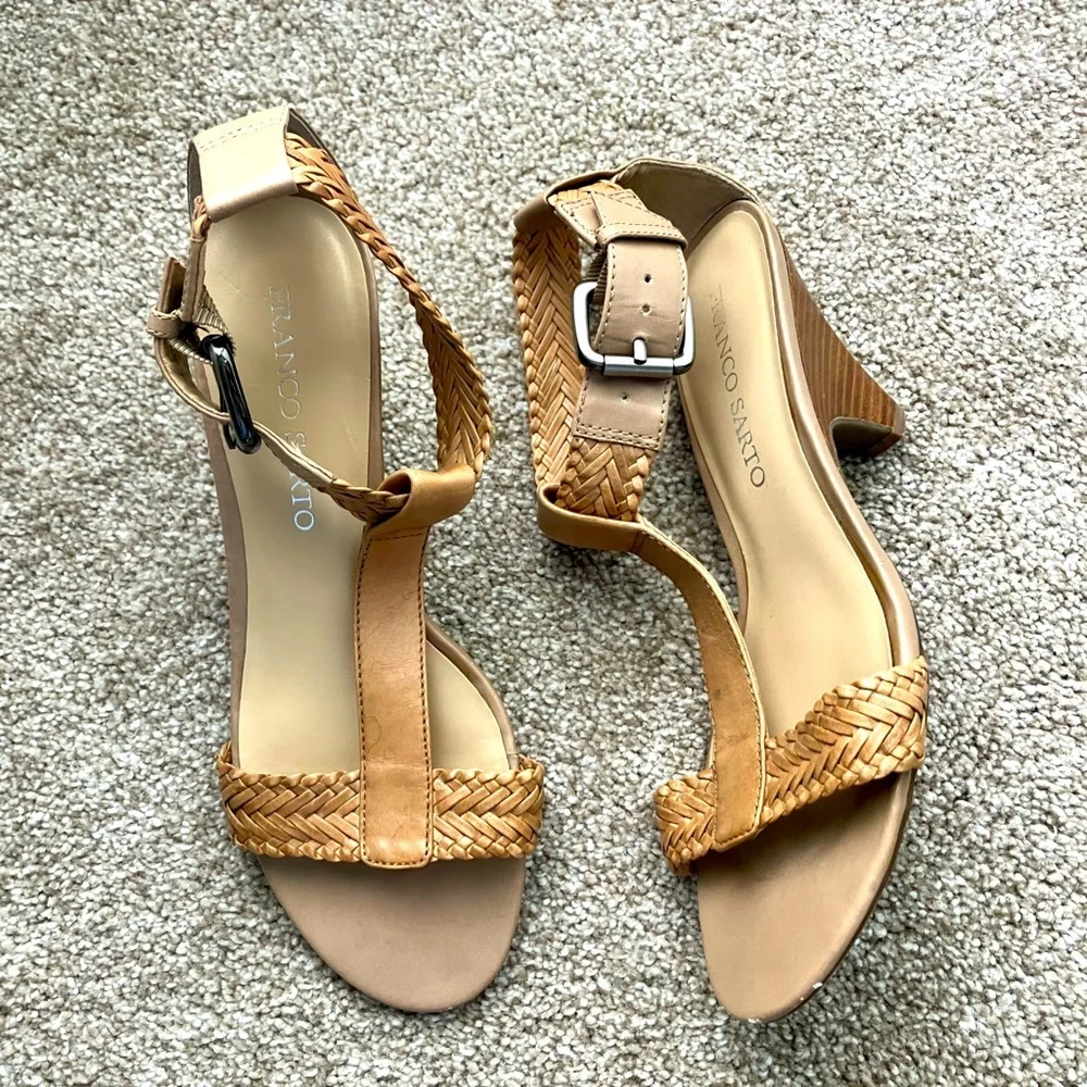 Franco Sarto Tan Leather Woven Strapped Ankle Buckled Heeled Sandals 7‎ 1/2M